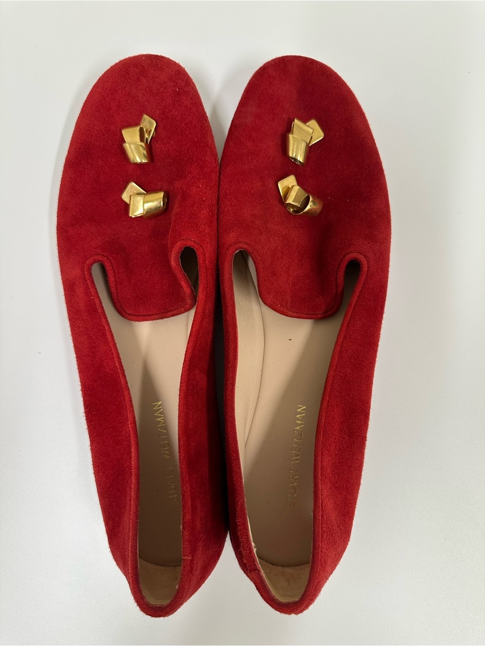 Stuart Weitzman Red Suede Loafers with Gold Accent